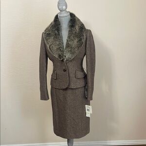 Jones New York Brown and Gray Blazer with Luxurious Removable Fur Collar